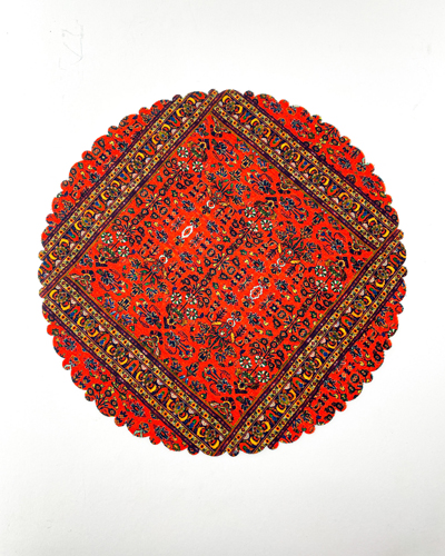 رومیزی و زیربشقابی دایره‌ای با طرح گلیم سنتی و رنگ‌های گرم و اصیل