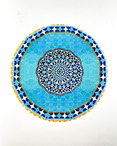 رومیزی و زیربشقابی دایره‌ای با طرح هندسی آبی، سفید و زرد