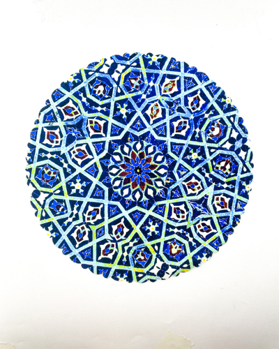 رومیزی و زیربشقابی آبی با نقش هندسی سنتی دایره‌ای