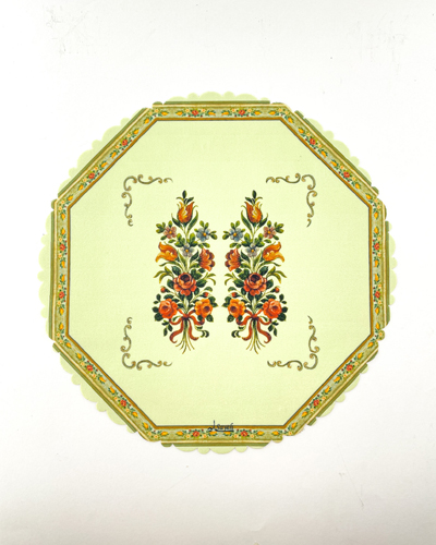 رومیزی و زیربشقابی کرم‌رنگ با طرح گل‌های رنگارنگ