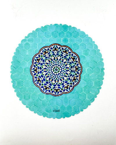 رومیزی و زیربشقابی مخملی دایره‌ای با طرح هندسی سنتی و زمینه فیروزه‌ای