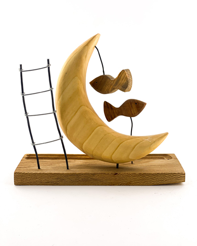 جا عودی چوبی دست‌ساز طرح ماه و ماهی | دکوری هنری با طراحی نمادین