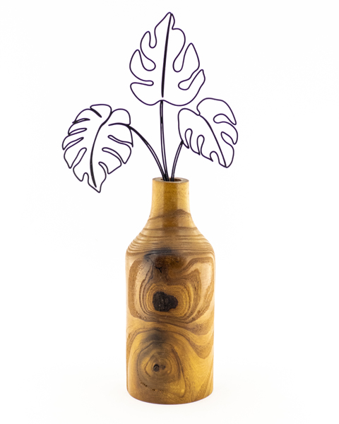 تندیس فلزی برگ انجیری با گلدان چوبی راش گرجستان | هدیه ای خاص برای علاقمندان به گل ها