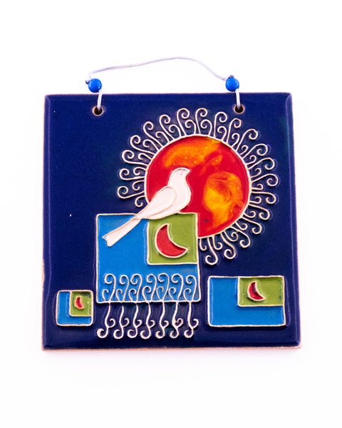آویز خشتی دیوارکوب با طرح پرنده و خورشید و ماه دست‌ساز