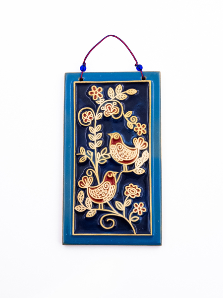 آویز خشتی دیوارکوب با طرح گل و مرغ فانتزی دست‌ساز