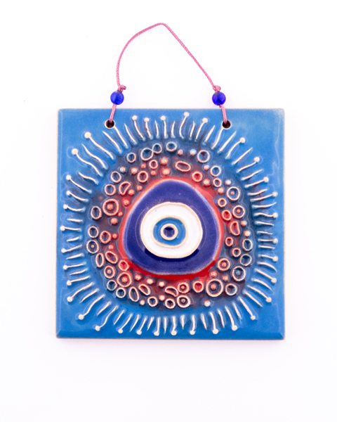 آویز خشتی مربع دست‌ساز با طرح چشم نظر