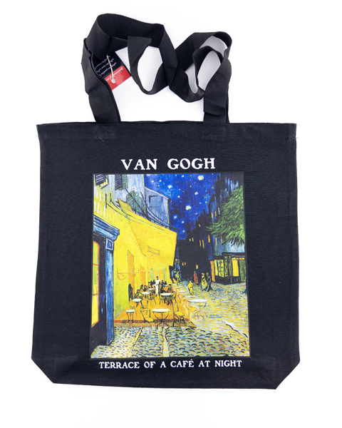 تت‌بگ مشکی با چاپ نقاشی «کافه تراس در شب» اثر ون‌گوگ – هنری، خاص، مناسب هدیه