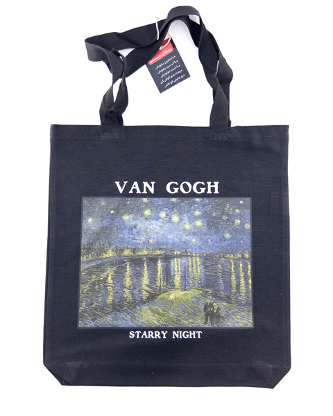 تت بگ مشکی با چاپ نقاشی «شب پرستاره بر فراز رود رون» اثر ون‌گوگ – هنری، خاص، مناسب هدیه