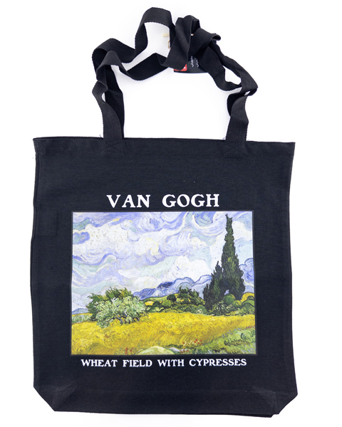 تت‌بگ مشکی با چاپ نقاشی «مزرعه گندم با درختان سرو» اثر ون‌گوگ – هنری، طبیعت‌گرا، مناسب هدیه