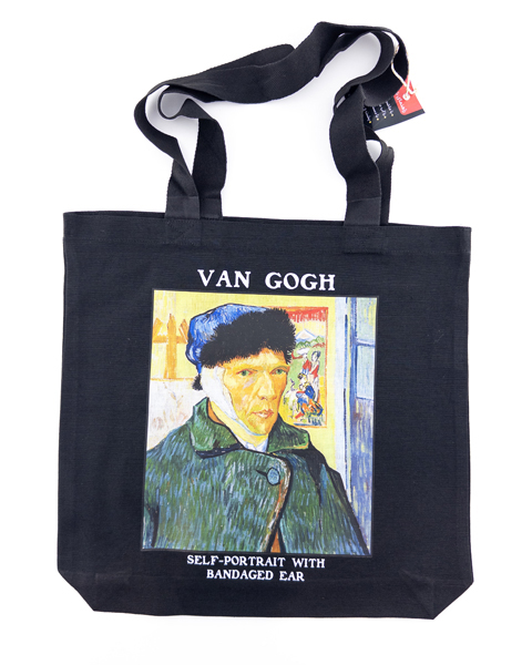 تت‌بگ مشکی با چاپ خودنگاره با طرح گوش باندپیچی شده اثر ون‌گوگ – هنری، جسور، مناسب هدیه خاص