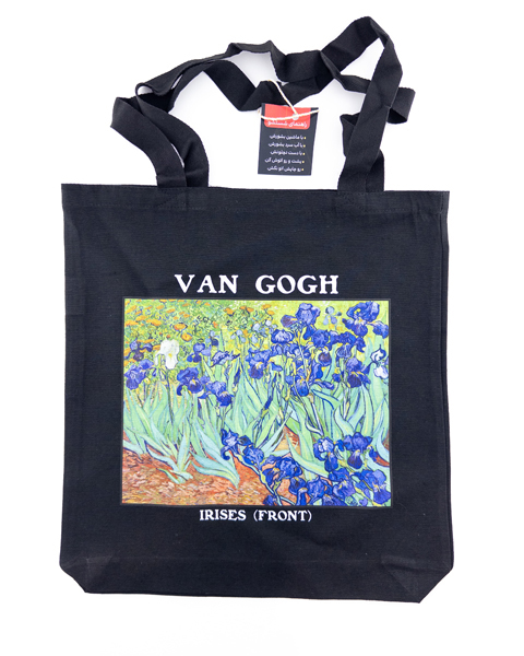 تت‌بگ مشکی با چاپ نقاشی «زنبق‌ها» اثر ون‌گوگ – رنگارنگ، هنری، مناسب هدیه خاص