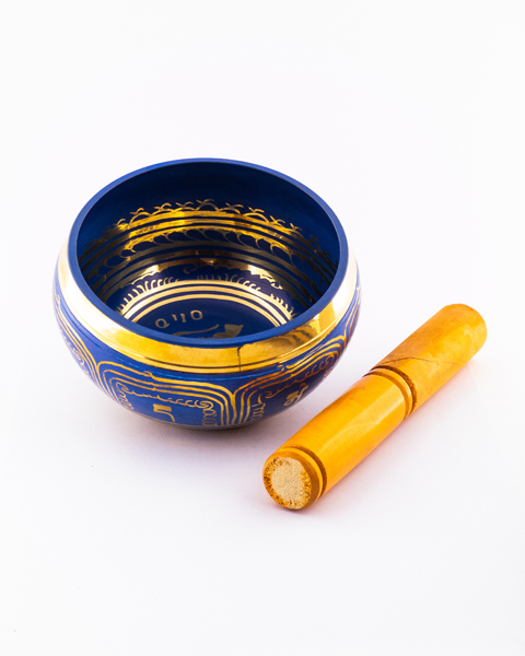 کاسه تبتی 5 عنصر با رنگ  آبی و نقوش طلایی – ابزار مراقبه، آرامش و زیبایی معنوی