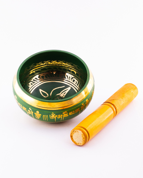 کاسه تبتی 5 عنصر سبز با نقوش طلایی – ابزار صوت‌درمانی، مراقبه و آرامش ذهن