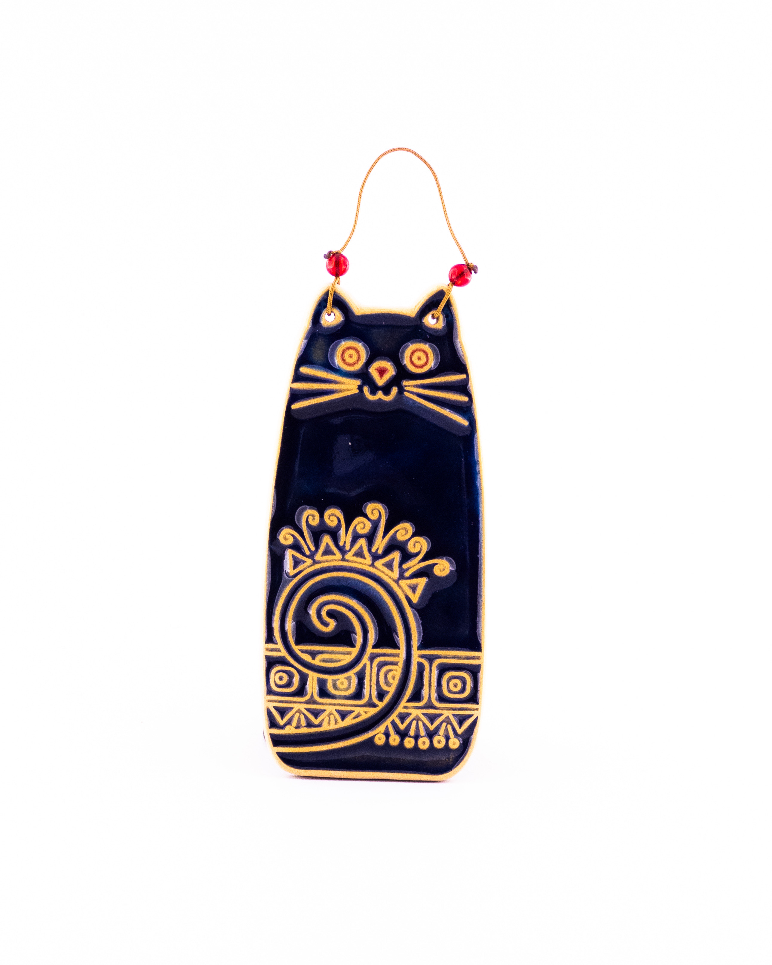 آویز خشتی سفالی با طرح گربه و نقوش دست‌ساز – دکور خانه و هدیه خاص