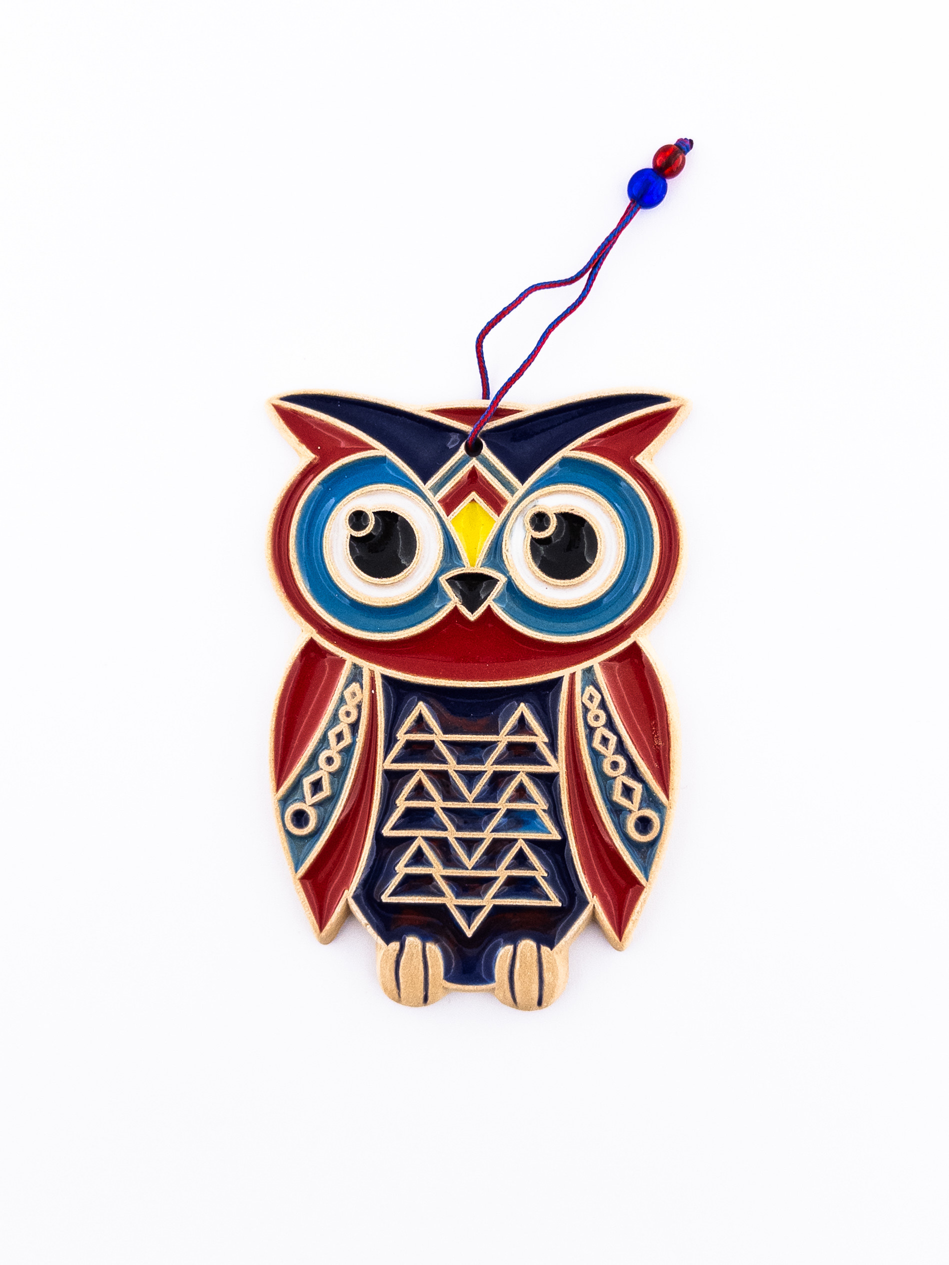 آویز خشتی دستساز جغد رنگی با نقوش هندسی – نماد خرد و هنر برای دکور و هدیه‌ای خاص