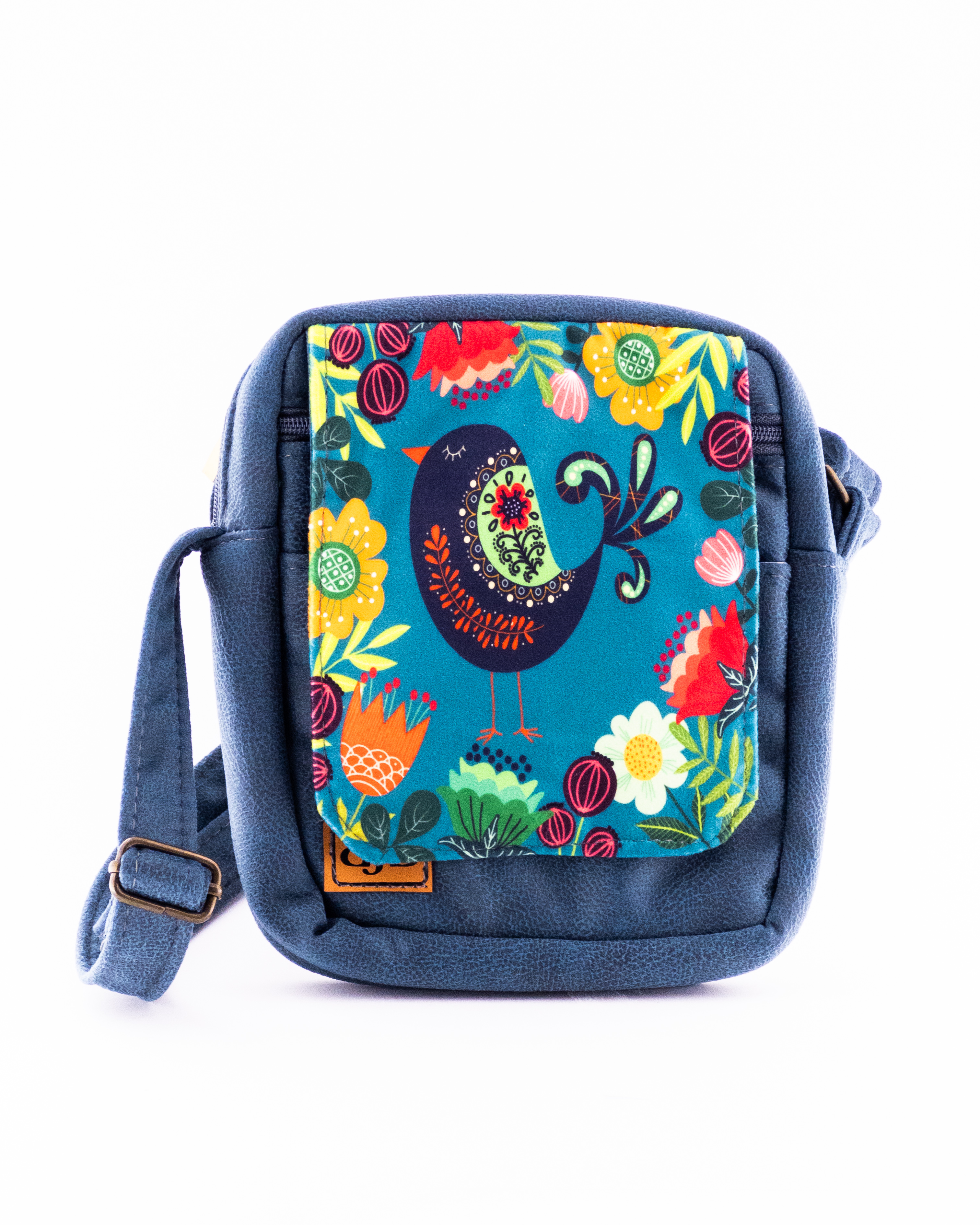 کیف دوشی مخملی آبی با طرح پرنده و گل‌های رنگی – بند قابل تنظیم، مناسب هدیه هنری و استفاده روزمره