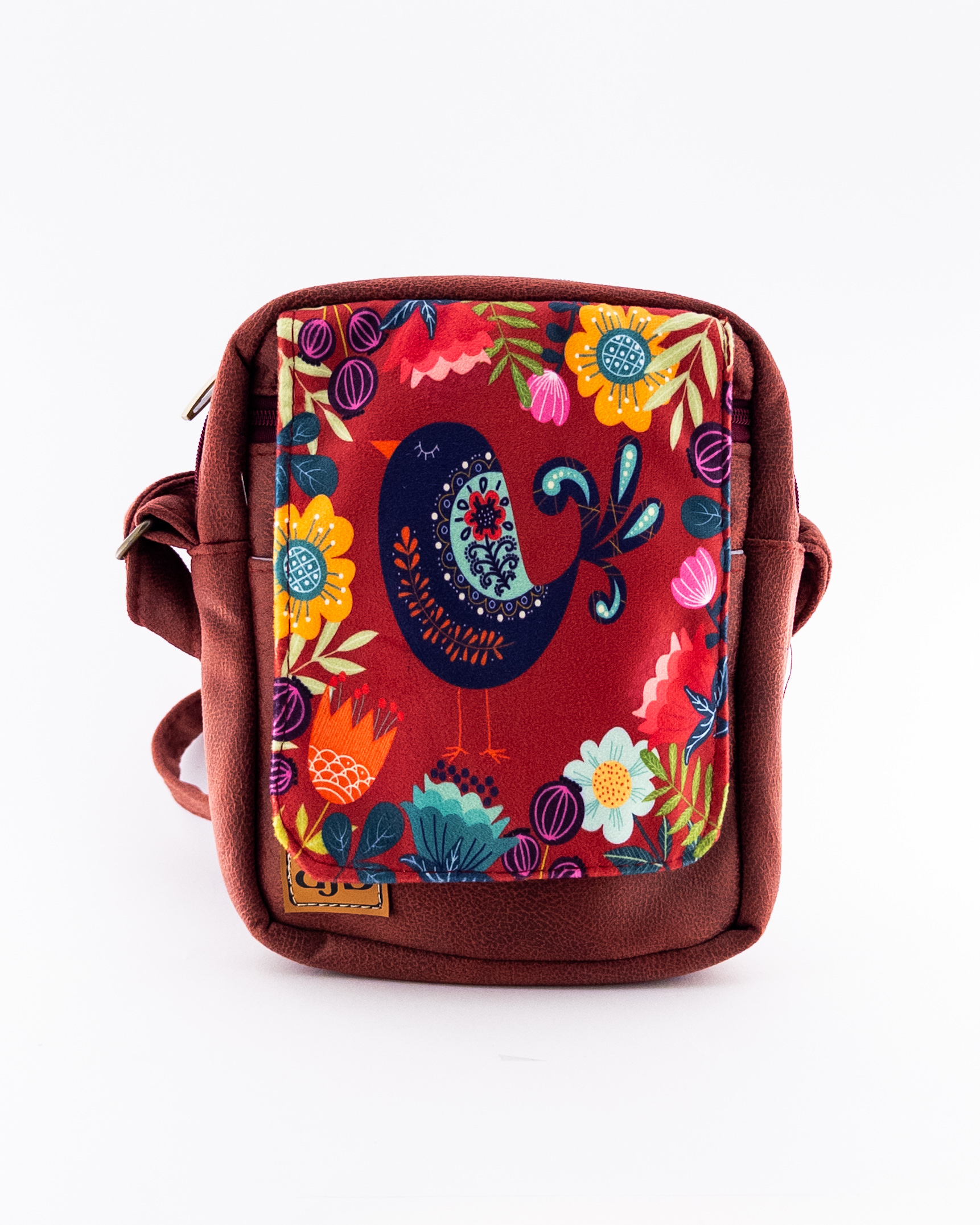 کیف دوشی مخملی عنابی با طرح پرنده و گل‌های رنگی – بند قابل تنظیم، مناسب هدیه هنری و استفاده روزمره