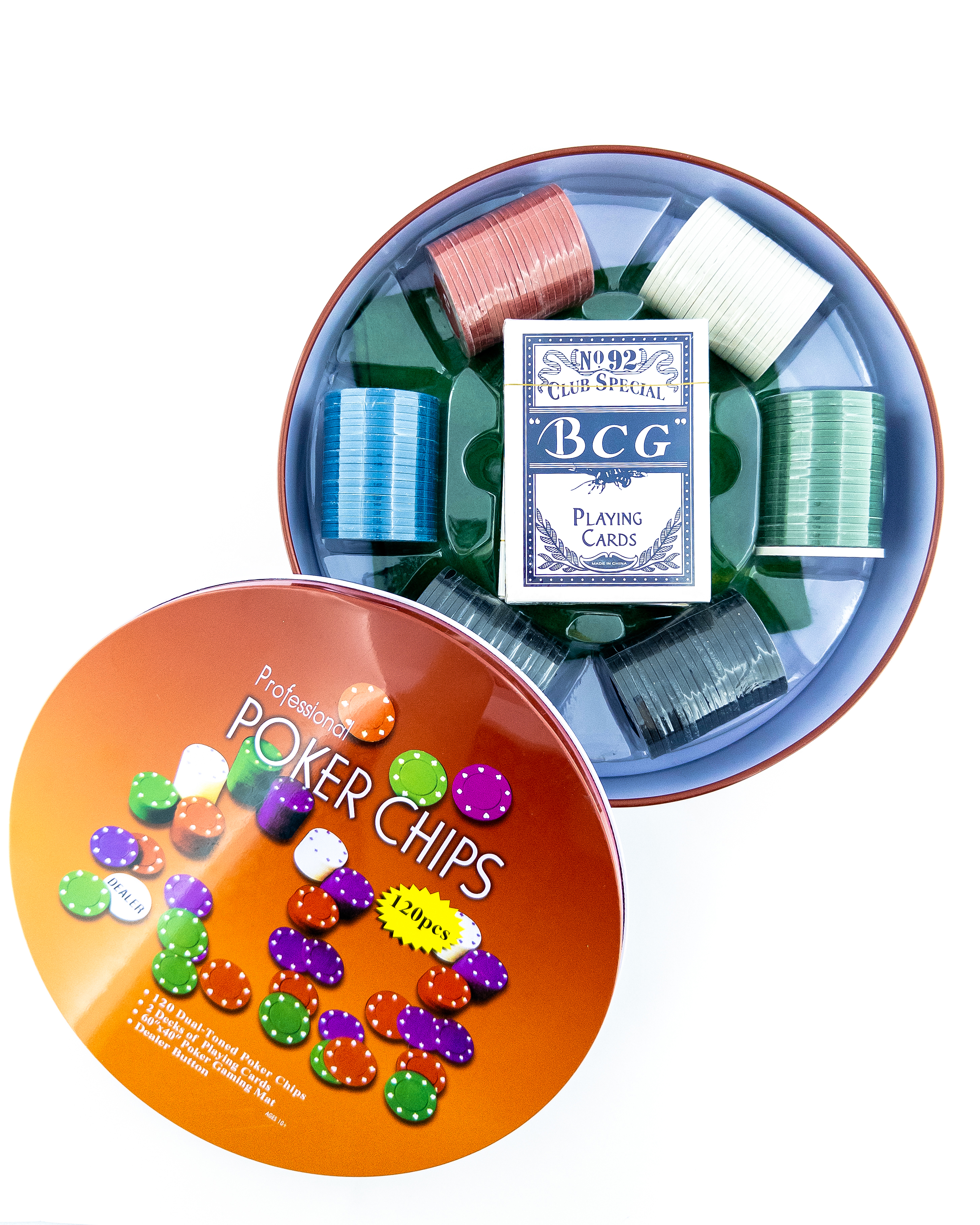 چیپ پوکر پلاستیکی ۱۲۰ تایی با ورق و جعبه فلزی دایره