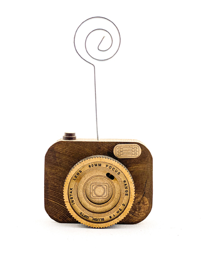 هولدر یادداشت طرح دوربین چوبی با گیره فلزی – نگهدارنده‌ای شیک برای یادداشت‌های روزانه