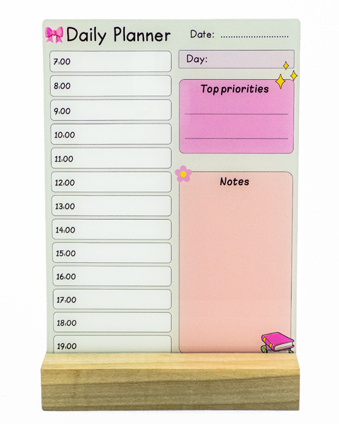پلنر شفاف روزانه از جنس اکریلیک با پایه چوبی– طرح Daily Planner همراه با بخش تاریخ، اولویت‌ها و برنامه‌ریزی ساعتی