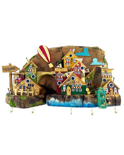 جاکلیدی چوبی دست‌ساز روستیک طرح دهکده‌ی ساحلی–مدل خانه‌های کنار دریا–آویزهنری