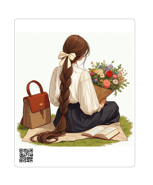 کارت پستال فانتزی طرح دختر با موهای بافته، کتاب و دسته گل | با QR Code اختصاصی و پیام دلخواه