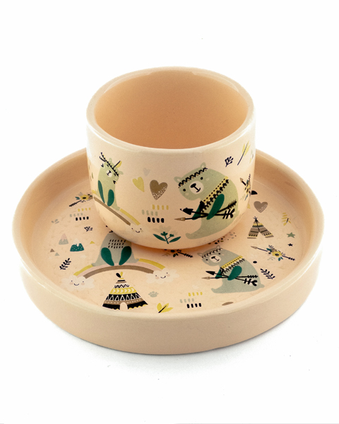 ست ظرف غذای کودک سرامیکی طرح خرس سرخ‌پوست و رنگین‌کمان – بشقاب لبه‌دار و فنجان فانتزی