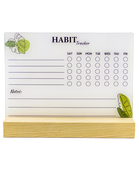 پلنر پیگیری عادات(عادت‌ساز)شفاف اکرلیک وایت‌بردی با پایه چوب روس| Habit Tracker رومیزی قابل پاک‌شدن