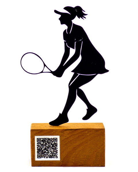تندیس فلزی مینیمال زن تنیسور با راکت روی پایه چوبی | دارای بارکد اختصاصی