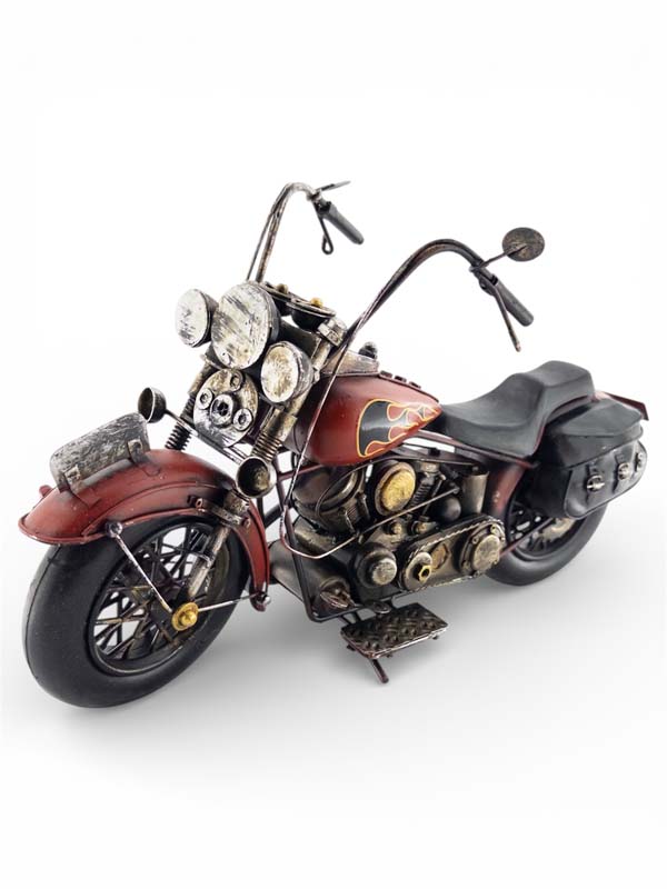 موتور هارلی دیویدسون کلکسیونی دست‌ساز فلزی – قرمز و مشکی، دو ترک با چرخ متحرک